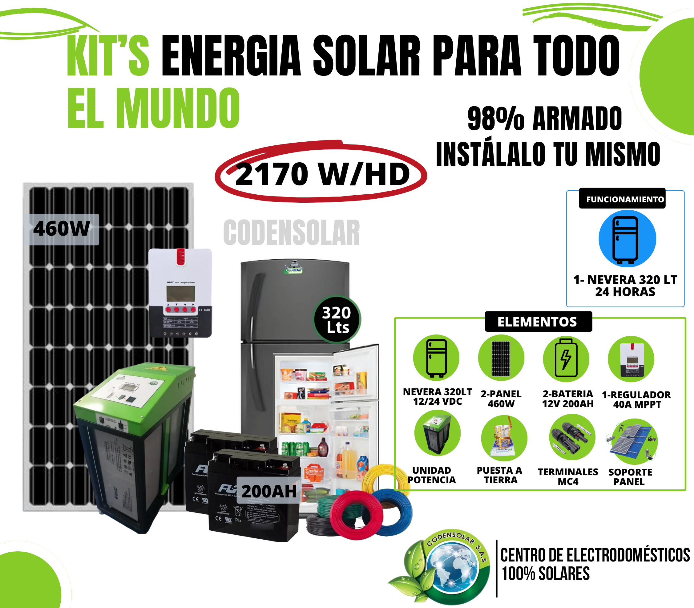 Comprar Kit solar 500W Uso Diario: Nevera de bajo encimera sin congelador.  ONDA PURA. - Damia Solar